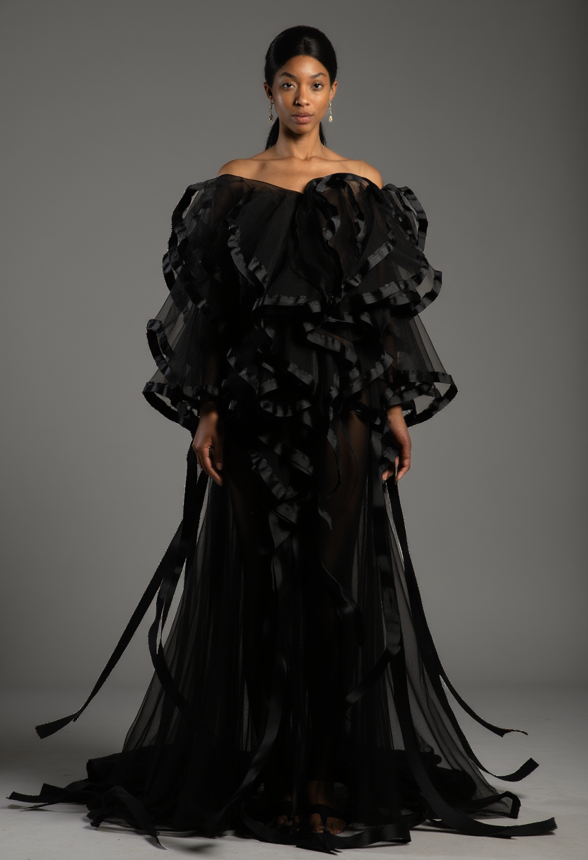 PR_STYLE LoRA output: black off-shoulder gown with cascading organza ruffles and ribbon streamers